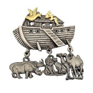 Vintage JJ Noahs Ark Pewter & Gold-Tone 3-D Brooch Pin With Animal Charms 1.5""